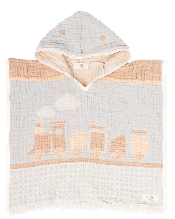 Choo-Choo Train Gauze Hooded Poncho