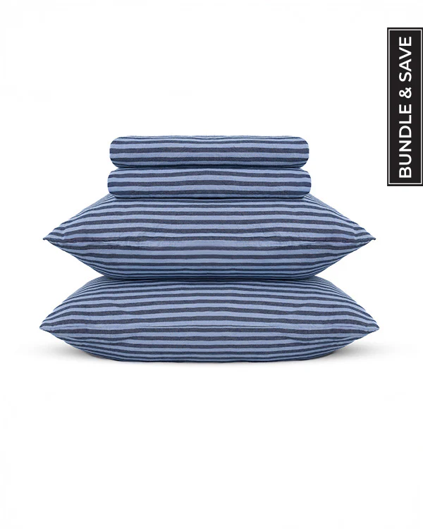 Classic Micro Twill Stripe Melange Sheet Set Indigo