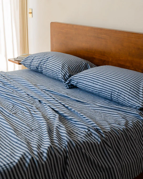 Classic Micro Twill Stripe Melange Flat Top Sheet Indigo - Image 4
