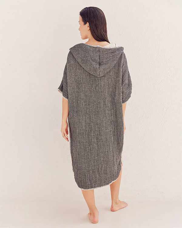 Falta Gauze Hooded Poncho - Black - Image 4